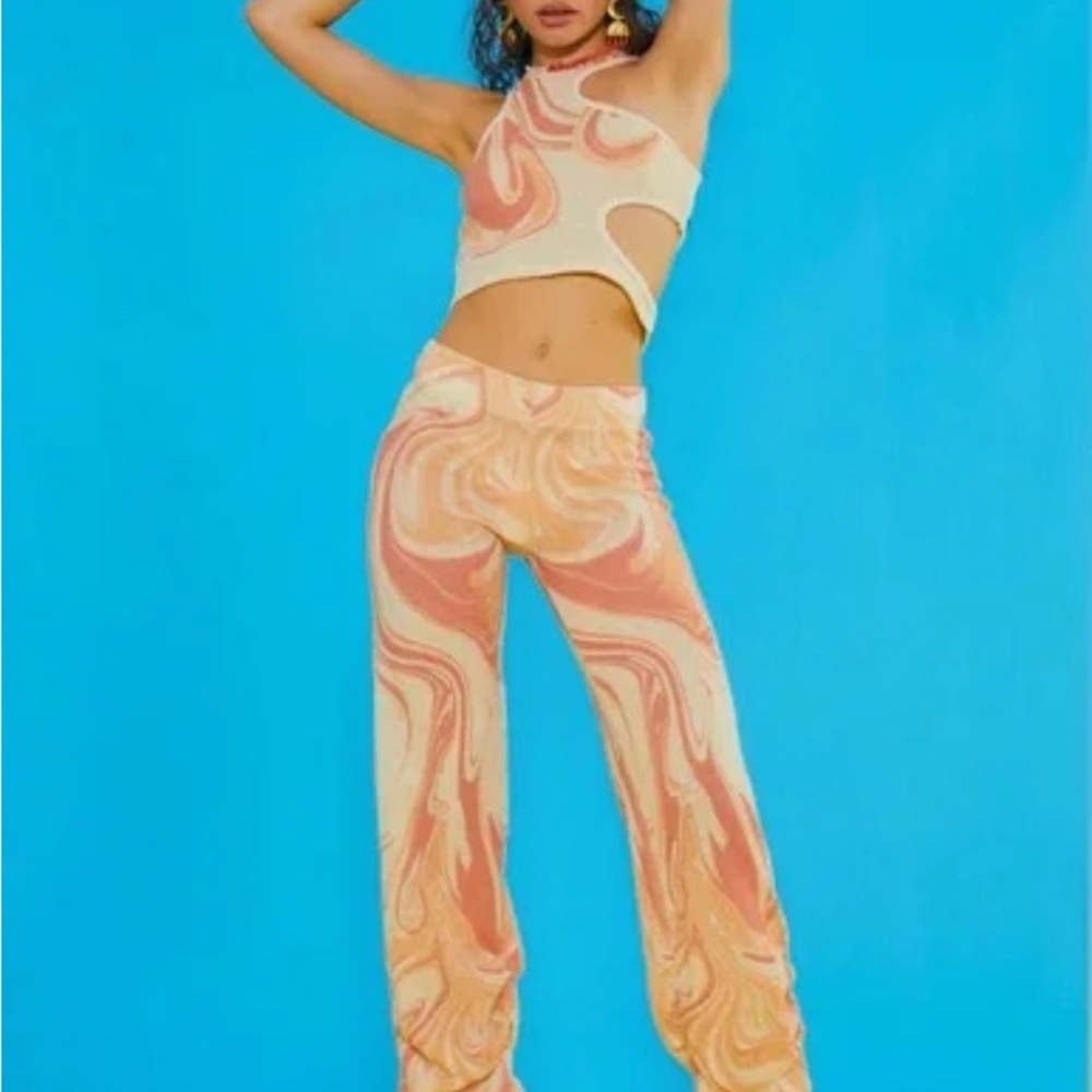 Jaded London Cream and Orange Swirl Flared Pants
